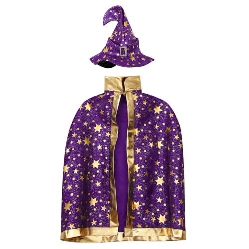 Freebily Kinder Halloween Hexen Kostüm Zauberer Umhang mit Hut Wizard Cape Witch Stern Umhang Zauberhut Karneval Fasching Party Cosplay Violett Einheitsgröße von Freebily