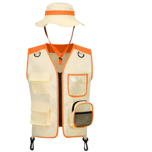 Freebily Kinder Outdoor Explorer Kostüm Frachtweste mit Hut Set Abenteuer Weste Kopfbedeckung für Cosplay Camping Angeln Spielzeug Orange One Size von Freebily