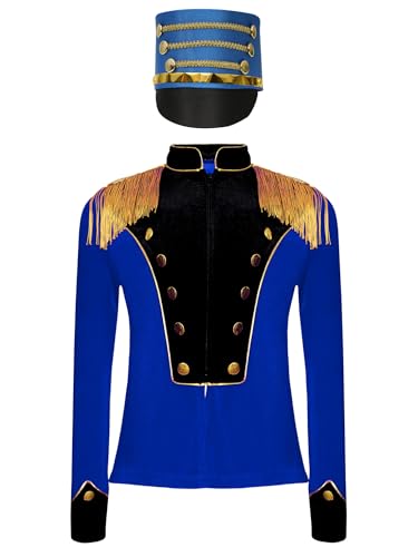 Freebily Kinder Schlagzeug Major Marschkapellen Outfit Uniform Hut Und Fransen-Epaulette Jacke Set Für Halloween Fasching Performance Königsblau 110-116 von Freebily