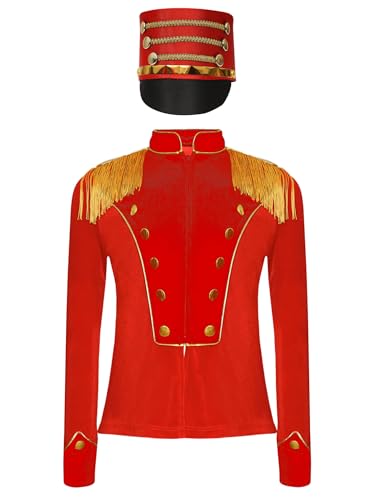 Freebily Kinder Schlagzeug Major Marschkapellen Outfit Uniform Hut Und Fransen-Epaulette Jacke Set Für Halloween Fasching Performance Rot 110-116 von Freebily