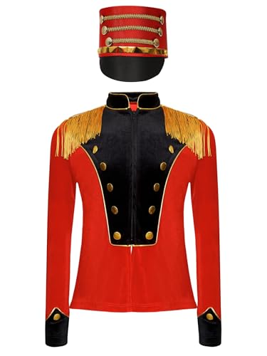 Freebily Kinder Schlagzeug Major Marschkapellen Outfit Uniform Hut Und Fransen-Epaulette Jacke Set Für Halloween Fasching Performance Rot&Schwarz 134-140 von Freebily