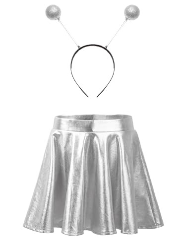 Freebily Mädchen Alien Zubehör Set Alien Stirnband Glitzer Metallic Rock Set Kinder Space Girl Outfit Für Karneval Halloween Mottoparty Silber 134-140 von Freebily