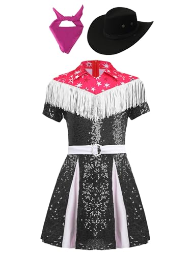 Freebily Mädchen Cowboy Cowgirl Kleid Glitzer Pailletten Kleid Hut Bandana Kinder Western Cowboy Outfit Glitzer Disco Party Festival Outfit Schwarz 170 von Freebily