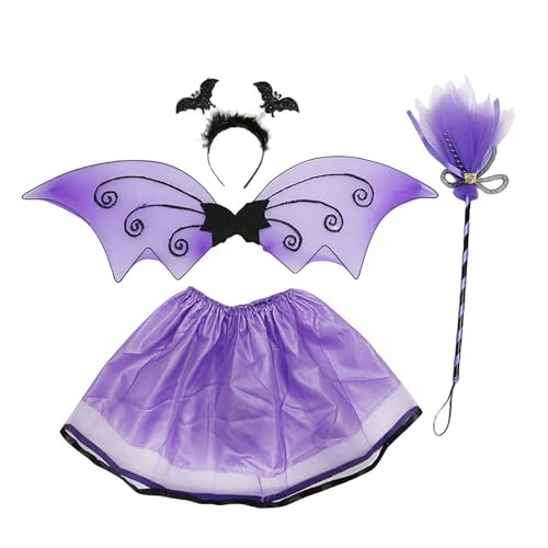 Freebily Mädchen Fledermaus Kostüme Set mit Stirnband Fledermausflügel Kurz Rock Mesh Besen Hexe Kostüm Halloween Cosplay Fasching Violett One Size von Freebily