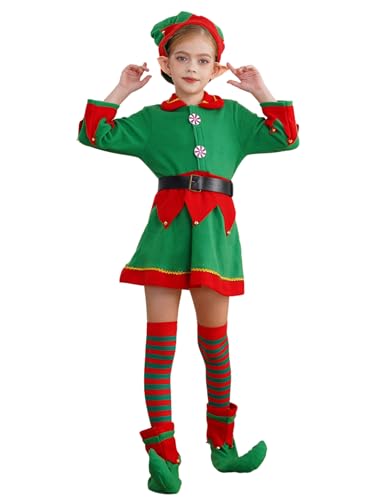 Freebily Mädchen Kinder Weihnachtself Kostüm Kleid Mit Elfohren Elfhut Weihnachtself Strümpfe Schuhe Set Weihnachtsparty Maskerade Outfit Grün 110-116 von Freebily