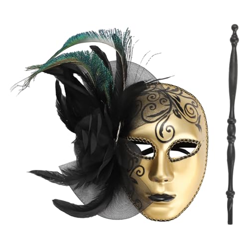 Freebily Maskerade Gesichtsmaske mit Stab Feder Mesh dekoriert Venezianische Maske Vintage Kopfmaske Party Halloween Mottoparty Gold One Size von Freebily