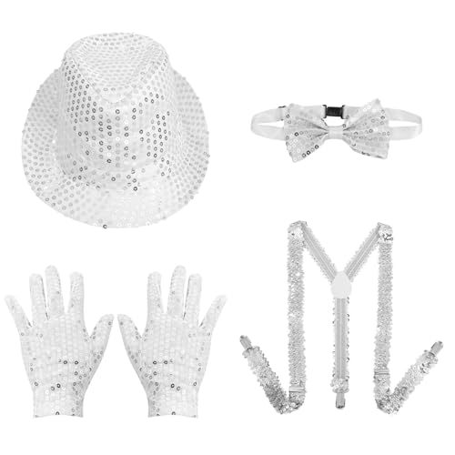 Freebily Pailletten Accessoires Glänzende Fedora Hut Paillette Hosenträger Krawatte Fliege Handschuhe für Kinder Karneval Fasching Halloween Show Performance Typ A Silber One Size von Freebily