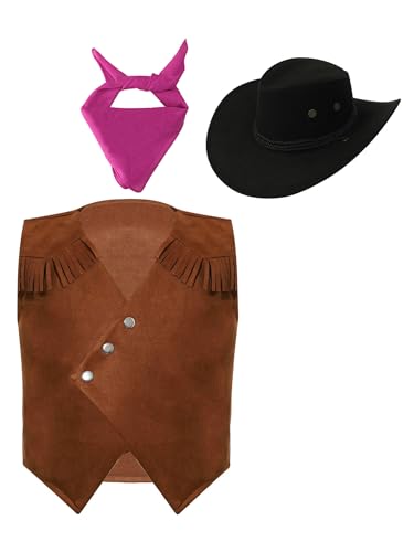 Freebily Unisex Kinder Cowboy Cowgirl Hut Bandana Wildleder Weste Mit Fransen Set Karneval Faschnacht Ranger Rodeo Girl Reiter Verkleidung Hotpink 134-140 von Freebily