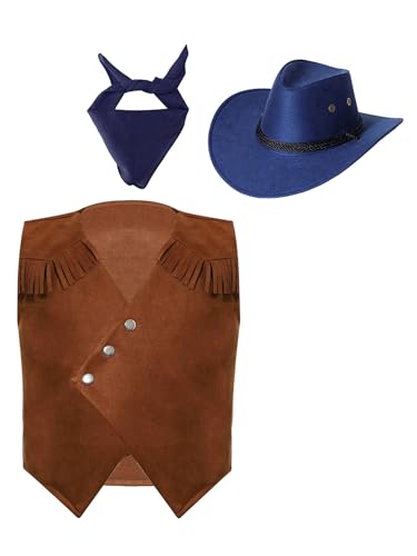 Freebily Unisex Kinder Cowboy Cowgirl Hut Bandana Wildleder Weste Mit Fransen Set Karneval Faschnacht Ranger Rodeo Girl Reiter Verkleidung Marineblau 146-152 von Freebily