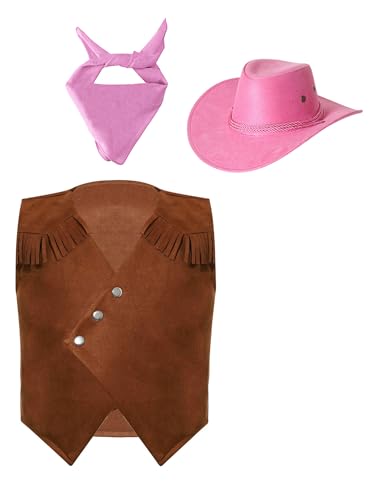 Freebily Unisex Kinder Cowboy Cowgirl Hut Bandana Wildleder Weste Mit Fransen Set Karneval Faschnacht Ranger Rodeo Girl Reiter Verkleidung Rosa 134-140 von Freebily