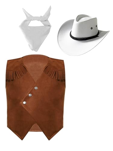 Freebily Unisex Kinder Cowboy Cowgirl Hut Bandana Wildleder Weste Mit Fransen Set Karneval Faschnacht Ranger Rodeo Girl Reiter Verkleidung Weiß 122-128 von Freebily