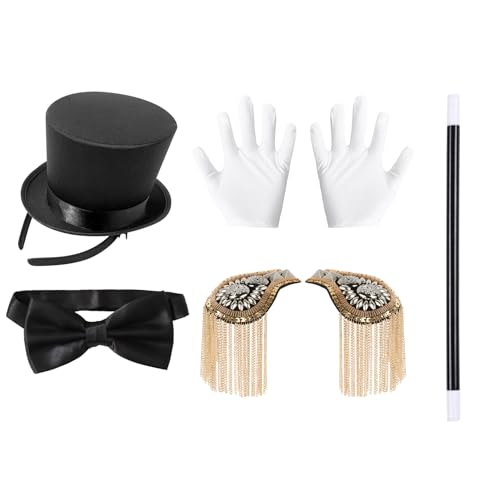 Freebily Unisex Magier Cosplay Set Schwarz Zylinder Hut Haarreif Fliege Handschuhe Zauberstab Quasten Schulterklappen Zirkus Kostüm Mottoparty Karneval Typ A One Size von Freebily