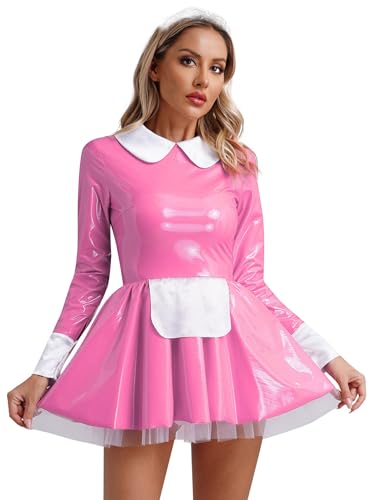 Freebily Wetlook Damen Dienstmädchen Kleid Lack Leder Anime Maid Kleid Schürze Stirnband 3er Set Damen Fasching Karneval Kostüm Clubwear Rosa M von Freebily