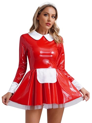 Freebily Wetlook Damen Dienstmädchen Kleid Lack Leder Anime Maid Kleid Schürze Stirnband 3er Set Damen Fasching Karneval Kostüm Clubwear Rot XXL von Freebily