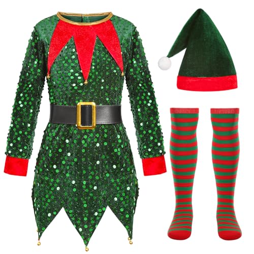 Frekuyrt Elfenkostüm-Set für Mädchen, Weihnachtselfenkleid, Weihnachten, Urlaub, Partykleid, Outfit mit Hut und Socken (3–5 Jahre) von Frekuyrt