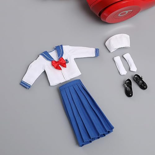 1/12 Skala Weibliche Kleidung, Weibliche Studentin Kleidung Set Sailor Anzug Tops Faltenrock Schuhe Kostüm Outfit Kleidung für 6inch PH TBL Action Figur Körper (Blau-Lang Version) von Fremego