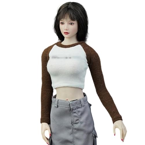 1/6 Skala Weibliche Kleidung, Weibliches Lange Ärmel Gedrucktes T-Shirt Enge Oberteile Kleidung für 12inch PH TBL JO Worldbox Action Figur Körper (Braun&Weiß) von Fremego