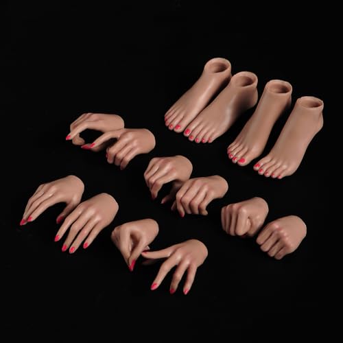 1/6 Skala Weiblicher Körper Hände Form, 5 Paar Hände Arten Geste und 2 Paar Fuß Form Modell Zubehör Makeup Version für 12inch Nahtlose Weibliche Action Figur Körper (Gebräunte Haut) von Fremego