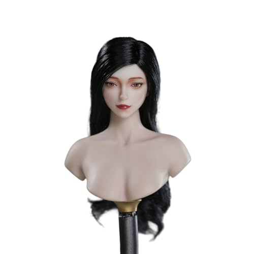 Fremego 1/6 Weiblicher Kopf Skulptur,Schönheit Mädchen Blasse Haut Kopf Geschnitzte Make Up Version für 12'' PH TBL JO Worldbox Action Figur Körper (Schwarzes langes Haar) von Fremego