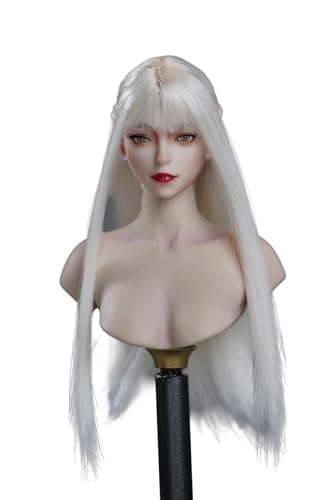 Fremego 1/6 Weiblicher Kopf Skulptur,Schönheit Mädchen Blasse Haut Kopf Geschnitzte Make Up Version für 12'' PH TBL JO Worldbox Action Figur Körper (Weißes langes Haar) von Fremego