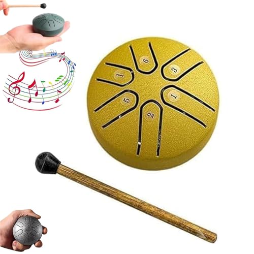 Frenaki Regentrommel für draußen, 7,6 cm, 6 Noten, Stahlzungentrommel, Regenspiel, Regentrommel – Regenmusik-Maker für draußen, wasserdichte Mini-Handpan-Trommel, für alle Altersgruppen (Gelb) von Frenaki