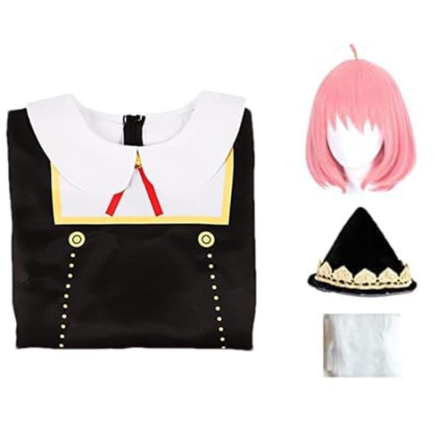 Anya Forger Cosplay Kostüm | Anya Cosplay-Spy X Family Cosplay Anime | Halloween Kostüm Outfit Set Cosplay Perücke, Kopfbedeckung, Socken und Kleid Weihnachten Cosplay Kostüm für Mädchen von Frfik