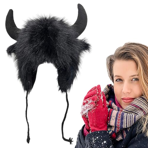 Büffelhut mit Hörnern – 67 cm Samt, pelzige Tierhüte, Tier-Cosplay, Festival-Thema, Winterohr-Kopfbedeckung für Männer und Frauen von Frfik