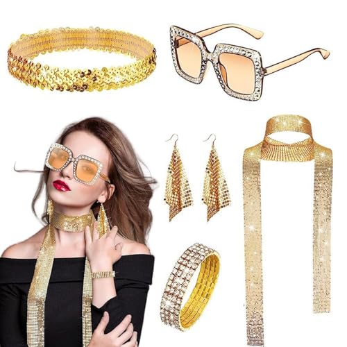 Frfik 70er Jahre Disco Schmuck | Damen 70er Jahre Disco Kostüm | Mehrzweck-Retro-Schmuck-Set | 5-teiliges Disco-Zubehör der 70er Jahre | Elegantes Mädchen-Zubehör mit Ohrringen, Pailletten-Schal, von Frfik