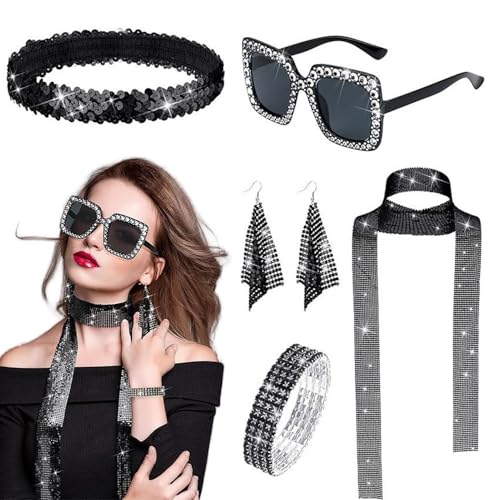 Frfik 70er Jahre Disco Schmuck | Damen 70er Jahre Disco Kostüm | Mehrzweck-Retro-Schmuck-Set | 5-teiliges Disco-Zubehör der 70er Jahre | Elegantes Mädchen-Zubehör mit Ohrringen, Pailletten-Schal, von Frfik