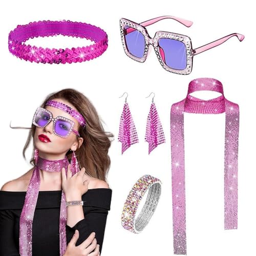 Frfik 70er Jahre Disco Schmuck | Damen 70er Jahre Disco Kostüm | Mehrzweck-Retro-Schmuck-Set | 5-teiliges Disco-Zubehör der 70er Jahre | Elegantes Mädchen-Zubehör mit Ohrringen, Pailletten-Schal, von Frfik