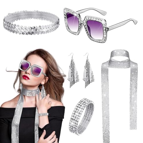 Frfik 70er Jahre Disco Schmuck | Damen 70er Jahre Disco Kostüm | Mehrzweck-Retro-Schmuck-Set | 5-teiliges Disco-Zubehör der 70er Jahre | Elegantes Mädchen-Zubehör mit Ohrringen, Pailletten-Schal, von Frfik