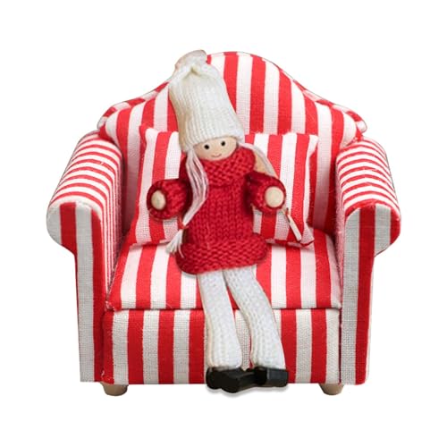 Frfik Puppenhaus-Couch mit Kissen, Puppenhaus-Sofa-Set | Mini-Puppenhaus-Möbel-Couch- und Stuhl-Set im Maßstab 1:12 - Miniatursofa aus Holzstoff, rote und weiße Streifen, hochsimuliertes von Frfik