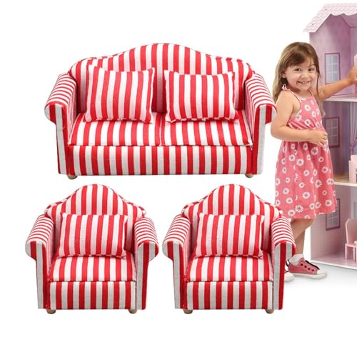 Frfik Puppenhaus-Sofa-Set, Puppenhaus-Couch | Miniatur-Sofa-Sessel-Spielzeug im Maßstab 1:12,Hochsimuliertes Miniatursofa aus Holzstoff, rote und weiße Streifen, Kinderspielzeug, Geschenk für von Frfik