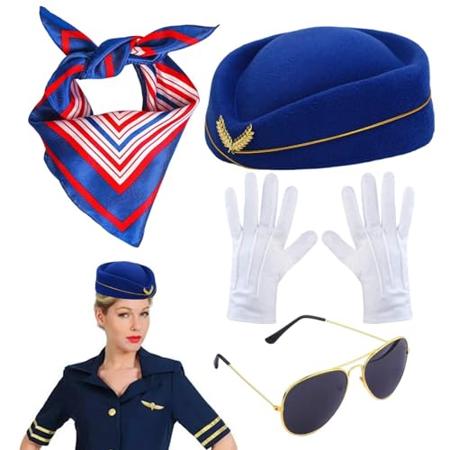 Frfik Stewardess Kostüm für Damen | Attendant Hat Handschuhe Satin Schal Sonnenbrille | Cosplay Kostüm Zubehör | Stewardess Kostüm Zubehör für Damen von Frfik