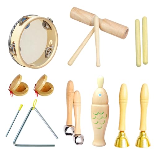 Musikinstrumente für Kleinkinder – -Musikspielzeug, Tamburin, Holzfisch und Glocke mit Griff – Kinder-Musikinstrument für Babys, , Mädchen von Frfik