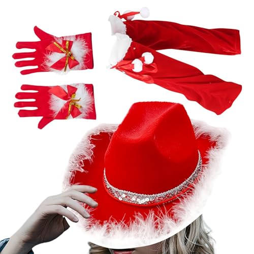 Weihnachtsmütze – Cowboyhüte | Weihnachtsmann-Kostüm mit Beinstulpen, Handschuhen | Weihnachts-Cowboy-Cowgirl-Hüte – Verkleidung Cosplay Zubehör für Weihnachten Männer und Frauen von Frfik