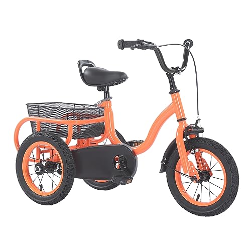 12 Zoll Dreirad für Kinder ab 2-5 Jahre, 3 Räder Kinderfahrrad mit Korb, Bremsen für Jungen Mädchen, Leichtes Lauflernrad, Höhenverstellbar (Orange) von Fridgestea