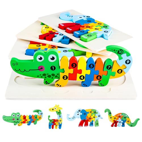 Holzpuzzle für Kleinkinder von 3 Jahren, Montessori Spielzeug für Kinder ab 1-4 Jahren mit 4 Tiermustern, Lernendes Pädagogisches Spielzeug, Geschenk für Jungen und Mädchen - 4er-Pack 20 x 10 x 1,5 cm von Friedwohl