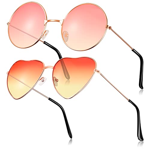 Frienda 2 Paar Hippie Sonnenbrillen Vintage Brillen Retro Sonnenbrillen Hippie Brillen für Herren Damen Erwachsene Party Kostüm (Rosa und Gelb, Rund/Herzform) von Frienda