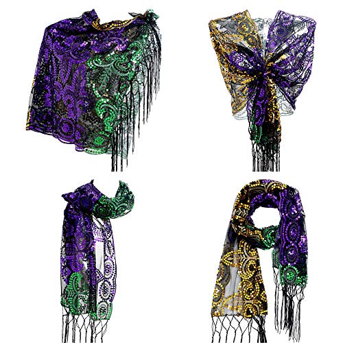 Frienda Mardi Gras Poncho Kostüm Zubehör Mardi Gras Fleur De Lis Pailletten Schal Kopftuch von Frienda