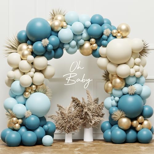 Luftballon Girlande Blau Geburtstagsdeko, 131Stück Blaue Ballon Girlande mit Luftballons Blau, Gold und Sand Weiß, Ballonbogen für Baby Shower, Babyparty Deko, 1. Geburtstag Junge, Verlobung, Hochzeit von Frigg