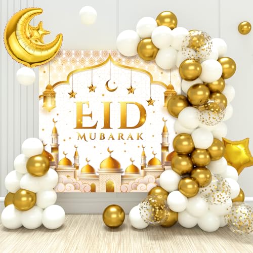 Weiß und Gold Eid Mubarak Ballons Set, Eid Mubarak Dekoration - 70 Stück Weiß Gold Ballons und 'Eid Mubarak' Hintergrund Banner, Ramadan ballons für Ramadan Dekoration 2024 und Eid Mubarak Feier von Frigg