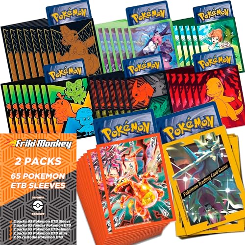 Elite-Trainer-Box-Hüllen für Pokémon [65 Hüllen], Zeige Deine Karten mit den Promotionshüllen der Pokémon-ETB-Boxen, Hüllen für Pokémon-Karten von (2 Random Packs) von Friki Monkey