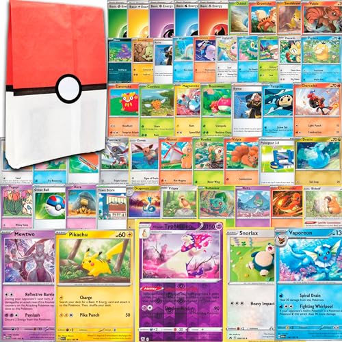 Pokémon Karten Pack 50+5 EIN EINZIGARTIGES ERLEBNIS! Unser Pokémon Englisch Kartenpaket enthält 55 Pokémon-Karten, 45 gewöhnliche, 5 Energien, 3 Rares, 1 Reverse Holo und 1 (Evee/Charmander/Pikachu). von Friki Monkey