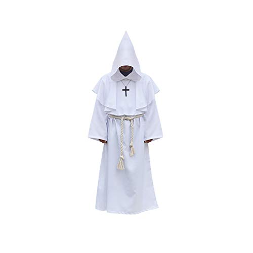 Frmarche Halloween Kostüm Robe Priester Mönch Mittelalter Cosplay Umhang Kapuze Karneval Party Cosplay für Erwachsene Unisex (Weiß, XXL(185-190CM)) von binoa