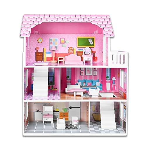 Froadp 60x24x70cm Puppenhäuser Große 3 Etagen Holz Puppenvilla Spielset Traumvilla Komplett inkl. Schlafzimmer, Wohnzimmer, Bad & Dazugehörige Möbel Puppenvilla Dollhouse für Mädchen & Jungen von Froadp