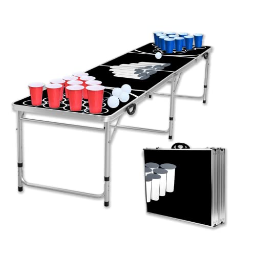 Froadp Bierpong Tisch Set, Enthalten 100 Stücke Cups (Rot & Blau) + 5 Weiß Bälle, Höhenverstellbar Beer Pong Tische, Klappbarer Beer-Table Zubehör für Trinkspiele Kartenspiel Party (240x60x70cm) von Froadp