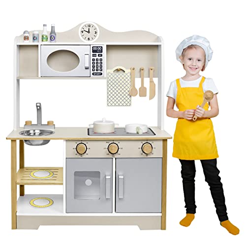 Froadp Kinderküche Spielküche Holz Küchenspielzeug Set Kinder Küche mit Zubehör wie Backofen, Mikrowelle, Spüle, Kochgeschirr und Gewürze für Mädchen und Jungen (Typ A, 68 x 26 x 78 cm) von Froadp