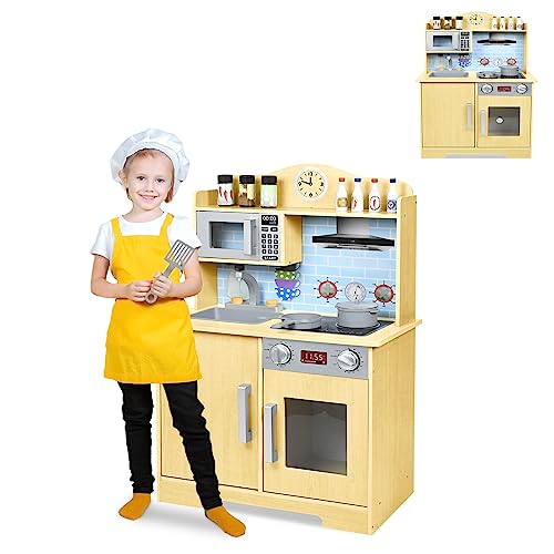 Froadp Kinderküche Spielküche aus Holz Kinder Küche Küchenspielzeug Set mit Zubehör wie Mikrowelle, Backofen, Spüle, Kochgeschirr und Gewürze für Mädchen und Jungen (Typ B, 59.5 x 29.5 x 91.7 cm) von Froadp