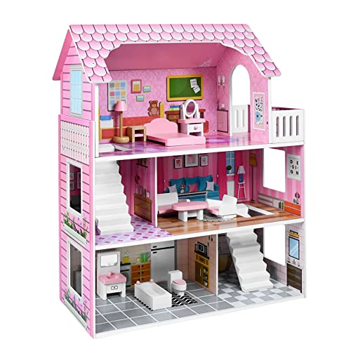 Froadp Puppenhaus Holz Haus Große Puppenvilla Mädchen Spielset mit Möbeln und Zubehör Dollhouse 3 Etagen Barbyhaus Traumvilla Mädchen und Jungen (Typ A, 60x27x70cm) von Froadp